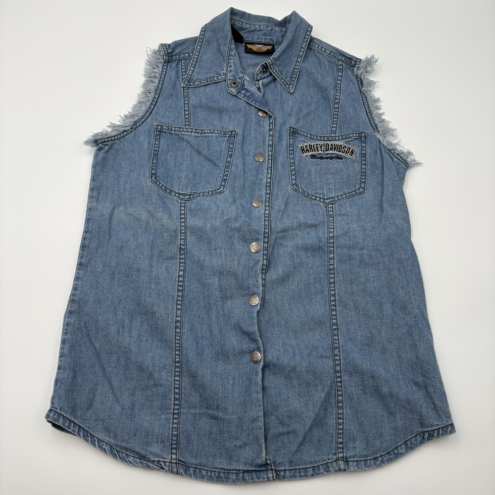 Harley Davidson Womens Medium Blue Denim Sleeveless Vest Raw Edge Vintage 90s